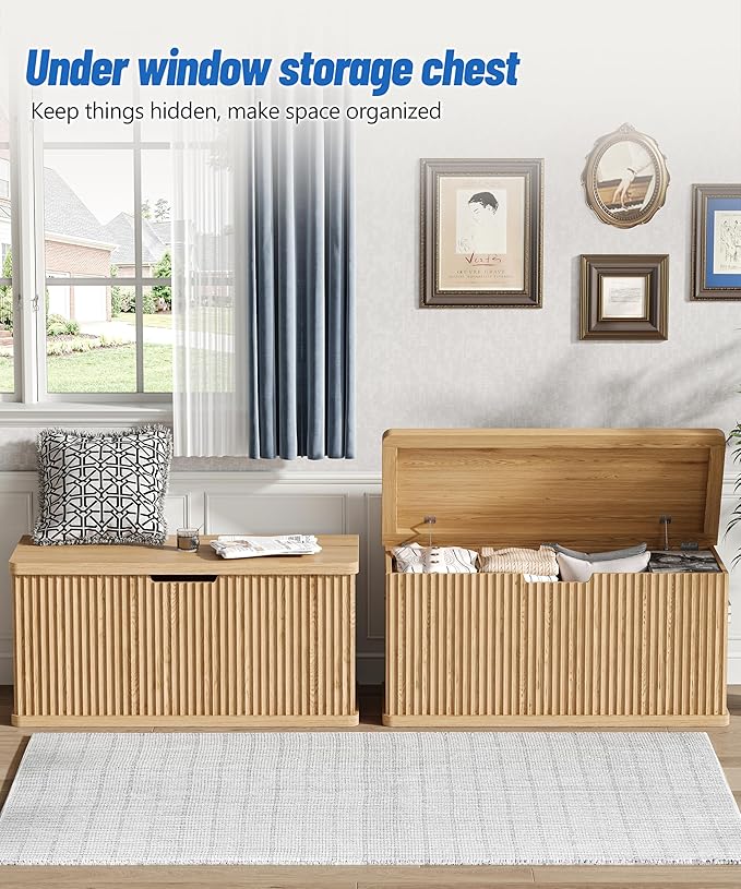 Fluted Storage Chest with 2 Safety Hinges, 37.4" Wooden Storage Trunk, Natural Entryway Bench, for Living Room, Bedroom, Curved Profile, Easy Assembly, Natural Oak
