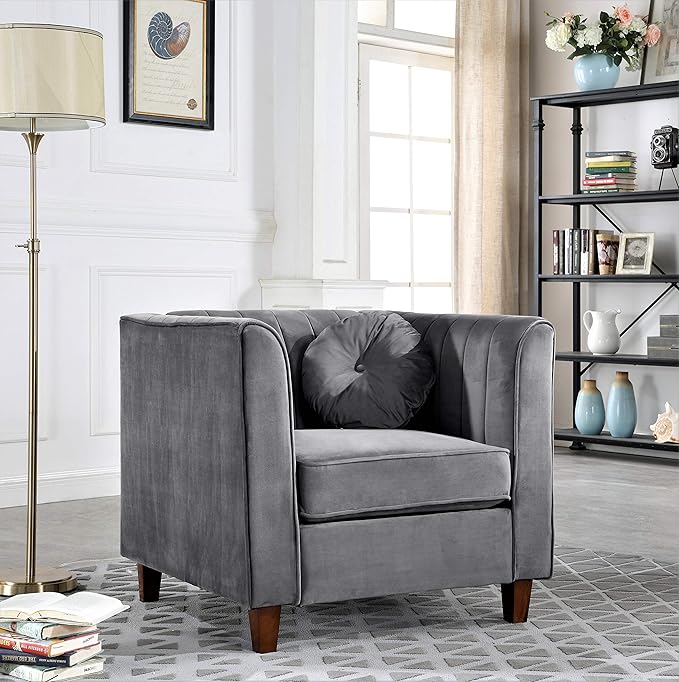 Container Furniture Direct Arvilla Velvet Chair with Bolster Pillows, Soft Upholstery, Mid Century Modern Design, Chesterfield-Inspired Accent Armchair for Living Rooms, Silverish Grey