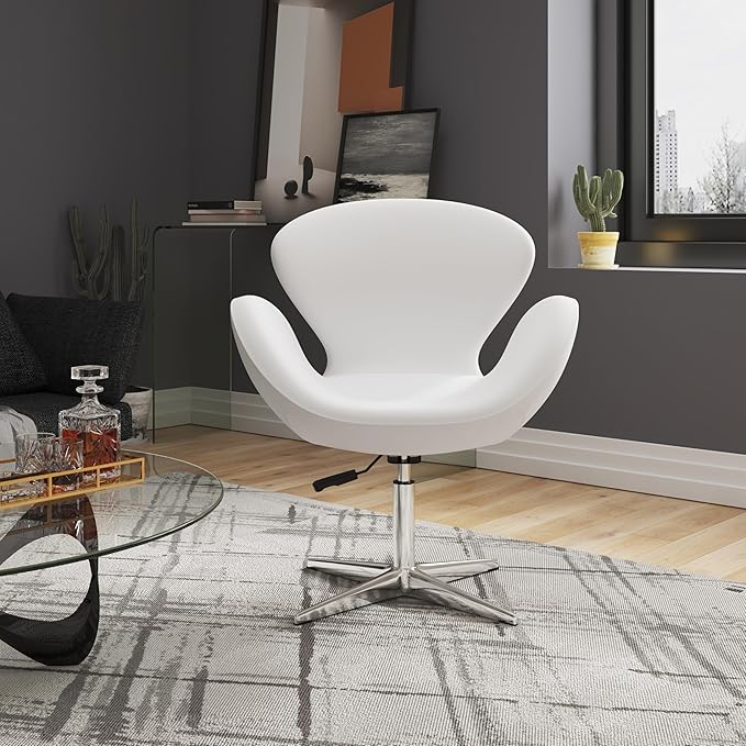Manhattan Comfort Raspberry Adjustable Swivel Accent Chair with 360° Turn, Polished Chrome Base, Modern Retro Design, Versatile Seat Ideal for Any Room, Set of 1, White