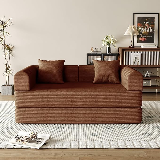 59'' Convertible Compressed Corduroy Folding Cloud Sofa Bed, Modern Boneless Pull Out Loveseat Sleeper in a Box, 4 in 1 Floor Mattress Futon Cloud Couch, No Assembly Needed, Caramel, Queen, 2 Pillows
