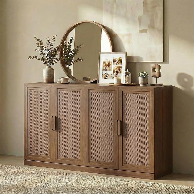 Casaphoria Adam Sideboard Buffet Cabinet with Storage, Sideboard Cabinet with Rattan Doors & Adjustable Shelves, 62" W x 36" H Coffee Bar for Entryway Kitchen Living Room, Walnut