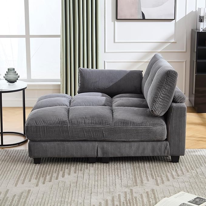 Oversized Lounge Chaise Convertible Sleeper Sofabed, Corduroy Sleeper Daybed Indoor Recliner Chair Sofa Bed with Cupholders and Adjustable Headrests for Living Room Bedroom Reading Home Apartment
