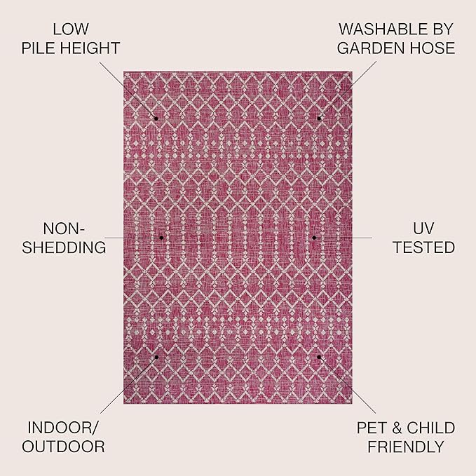 JONATHAN Y Moroccan Geometric Indoor Outdoor Round Area Rug 5 Ft Fuchsia/Light Gray, Ourika Textured Weave for Backyard, Patio, Porch, Easy-Cleaning, Pet-Friendly, Non-Shedding (SMB108Q-5R)