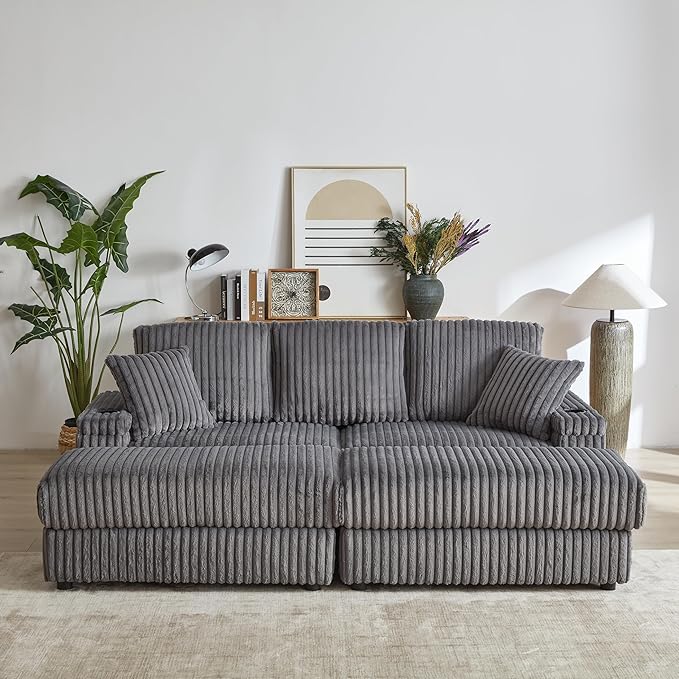 Corduroy Upholstered Modular Sectional Sofa Cloud Couch with Movable Ottoman, 84" Oversized Loveseat Convertible Sleeper Sofabed with 3 Cushion Backrest and Throw Pillows