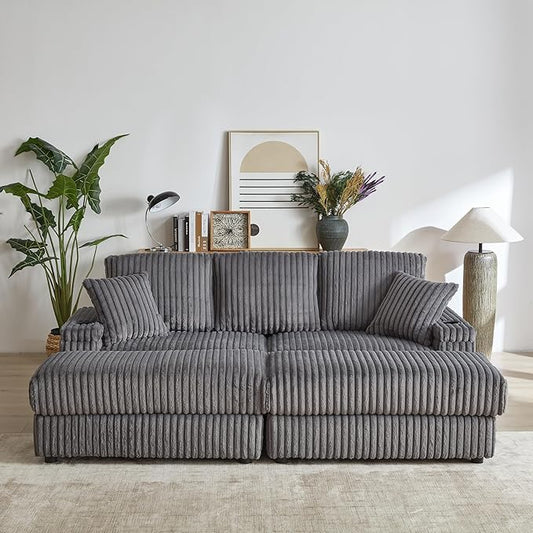 Corduroy Upholstered Modular Sectional Sofa Cloud Couch with Movable Ottoman, 84" Oversized Loveseat Convertible Sleeper Sofabed with 3 Cushion Backrest and Throw Pillows