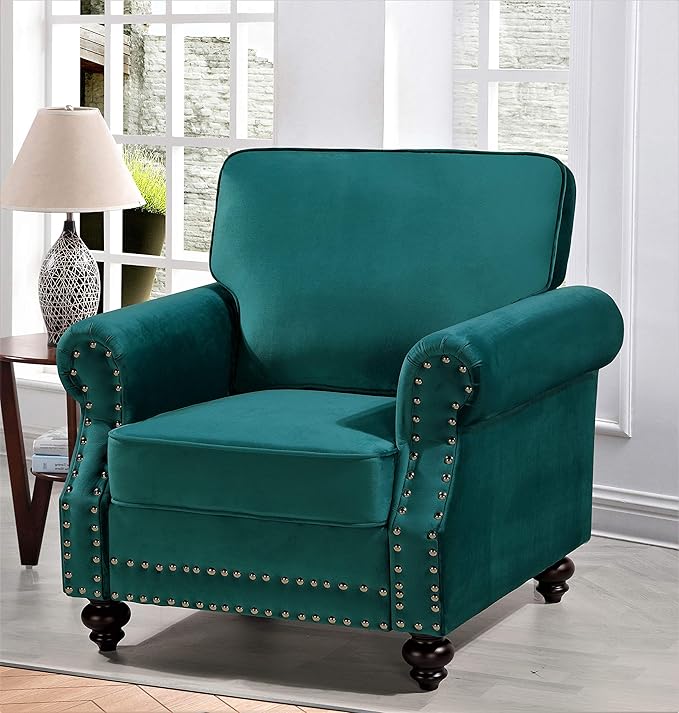 Container Furniture Direct Lotus Mid Century Modern Velvet Upholstered Living Room Rolled Arms, Chair, Pine Green