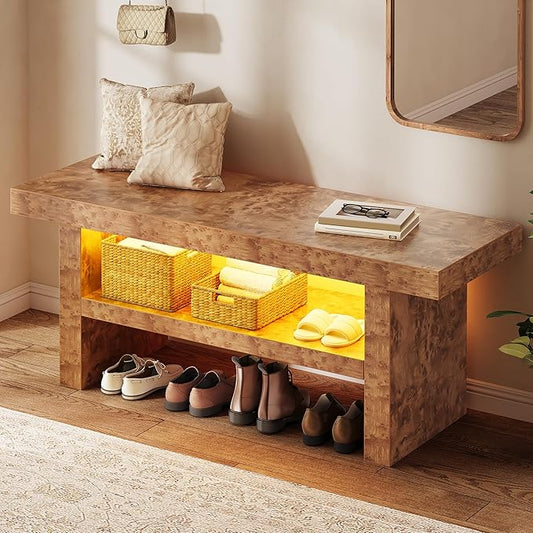 DWVO 39.4" Entryway Bench with Motion-Sensing Warm LED Light, 2-Tier Rustic Thick Wood Shoe Storage Bench for Hallway Bedroom Dressing Room or End of Bed, Burl Wood Finish