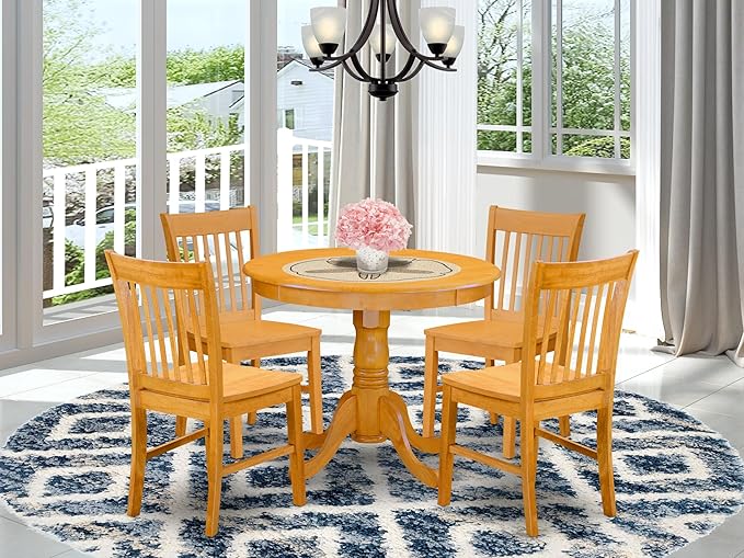 East West Furniture ANNO5-OAK-W 5 Piece Dining Room Furniture Set Includes a Round Dining Table with Pedestal and 4 Wood Seat Chairs, 36x36 Inch, Oak