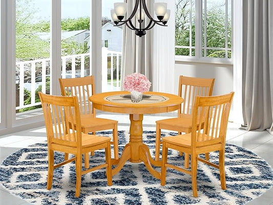 East West Furniture ANNO5-OAK-W 5 Piece Dining Room Furniture Set Includes a Round Dining Table with Pedestal and 4 Wood Seat Chairs, 36x36 Inch, Oak