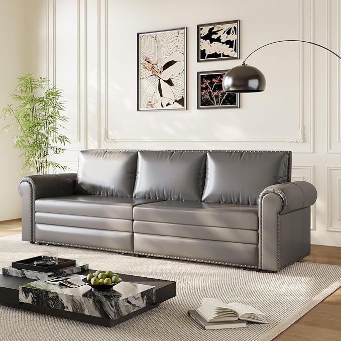Eafurn 93.7" King Size Pull Out Sofa Bed, 3-in-1 Convertible Sleeper Sofa Couch Bed with Nailhead Decor and Rolled Arms, Faux Leather Oversized Chesterfield Loveseat Chaise Lounge