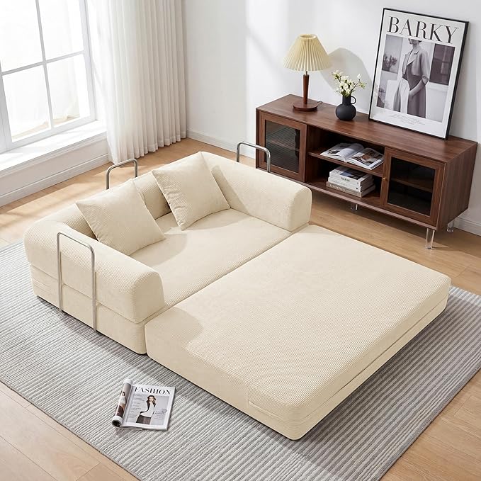 53.15'' Convertible Compressed Corduroy Folding Cloud Sofa Bed, Modern Boneless Pull Out Loveseat Sleeper in a Box, 4 in 1 Floor Mattress Futon Cloud Couch, No Assembly Needed, Beige, 2 Pillows, Full