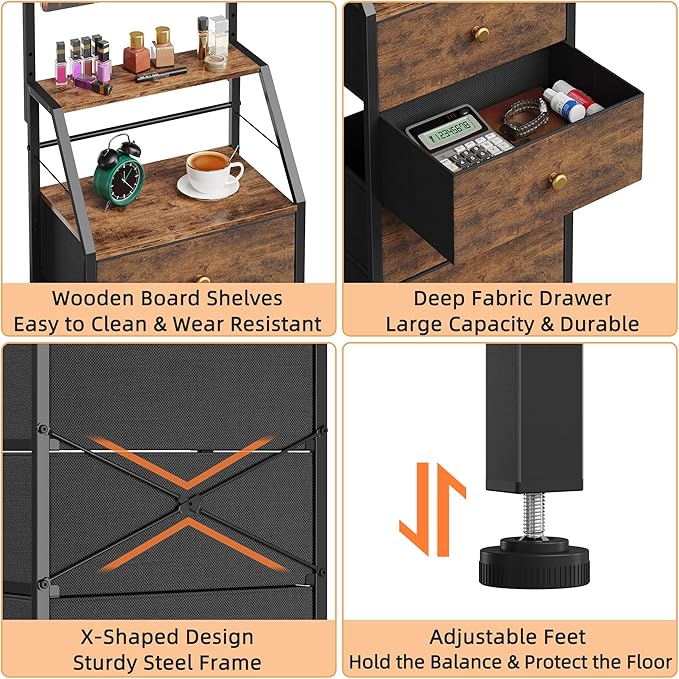 Dresser with Mirror, 4 Drawers Dresser with 2-Tier Shelves, Freestanding Fabric Chest of Drawers for Small Space, Tall Narrow Nightstand Vanity for Bedroom, Hallway, Dorm, Rustic Brown, 15.3"W