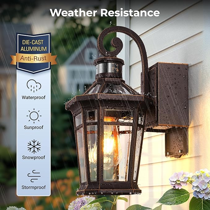 Motion Sensor Porch Light with GFCI Outlet, Oil Rubbed Bronze Outdoor Light Fixture with Outlet, Anti-Rust Exterior Wall Light Lantern, Waterproof Outdoor Sconces Wall Lighting for Garage, Home