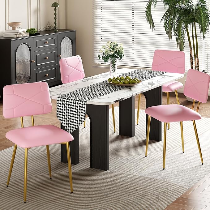 VECELO Dining Chairs Set of 4, Modern Upholstered Kitchen Chairs with Faux Leather Cushion Seat & Metal Legs for Kitchen, Living Room, Tufted Backrest Design, Pink