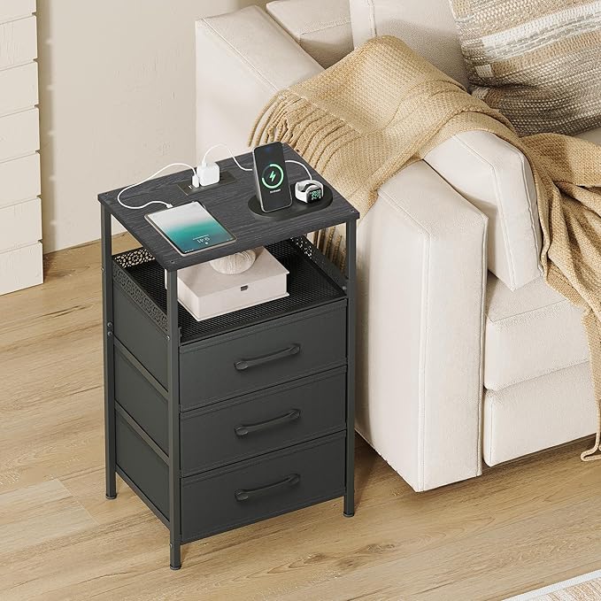Nightstand Set of 2, Night Stands with Charging Station, 26.4 Inch Tall Bedside Table with Metal Shelf, Modern Side End Table with 3 Fabirc Drawers, Small Dresser for Bedroom, Black