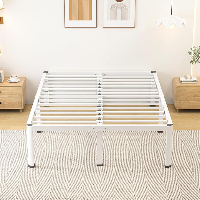 14 Inch Queen Bed Frame, Metal Platform Bed Frame with Round Corner Legs, 3500 lbs Heavy Duty Steel Slats Support, No Box Spring Needed, Noise Free, Easy Assembly, White