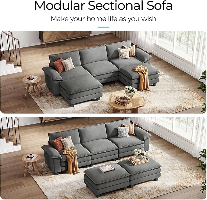 LINSY HOME 123'' Modular Sectional Sofa Green Couch Corduroy Cloud Couches for Living Room, U Shaped Couch with Movable Ottoman, Modern Cloud Sectional Sofas for Bedroom and Apartment, Grey