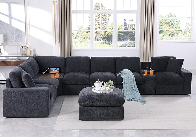 Ball & Cast 157" Oversized Modular L-Shaped Sectional Sofa,Large Chenille Upholstered Couch 8 Seat with Ottoman,Cup Holders&USB Ports,Comfty Sectionals W/Pillows&Storage Box,for Living Room,Dark Gray