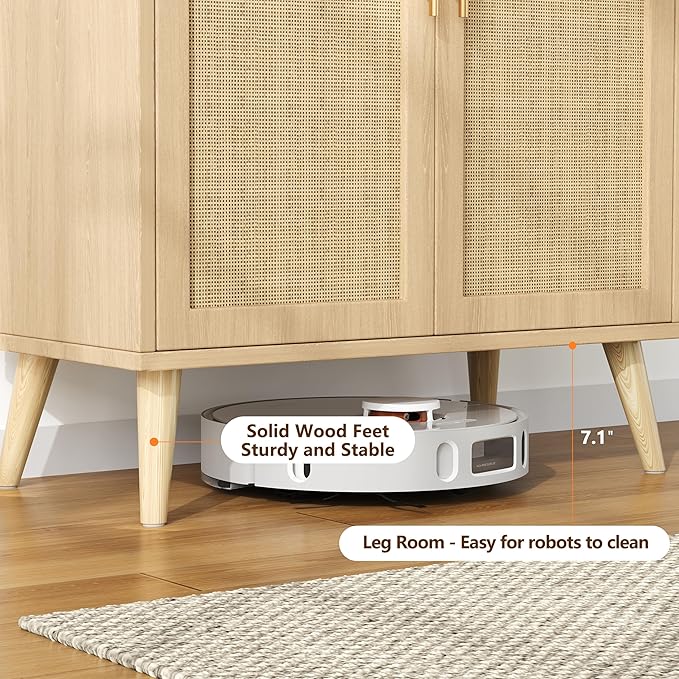 2 Pack 15.7" D Rattan Buffet Cabinet with Storage, Buffet Sideboard with Adjustable Shelf and Solid Wood Legs, Floor Storage Cabinet with Doors, Coffee Bar for Kitchen, Living Room, Natural
