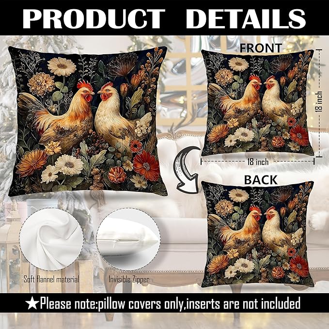 William Morris Inspired Chicken Pillow Covers 18x18 Set of 2,Chicken Lover Mom Lady Gifts,Dark Cottagecore Wildflowers Rooster Decorative Throw Pillow Covers for Farmhouse Home Bedroom