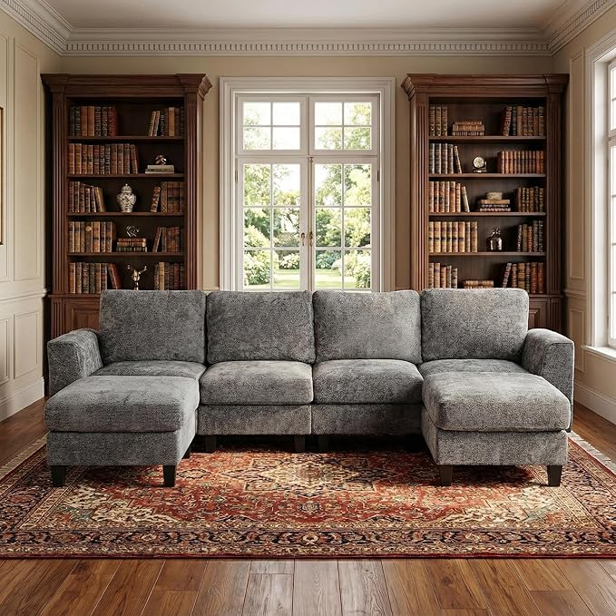 MALOL 118" Sectional U-Shaped Cloud Couch, Modular Modern 4-Seat Sofa, with USB Type C Ports, Foldable Side Table and 2 Ottomans, for Home Living Room, Grey