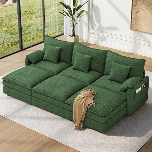 Vesgantti 108" Sectional Sleeper Sofa, 6-Seater Oversized Modular Cloud Couch with Movable Ottoman, Chenille Large Sofa Bed Convertible Deep Seat Couches for Living Room, Bedroom and Apartment, Green | Sink-in Comfort, Height Adjustable, Easy Rearrange...