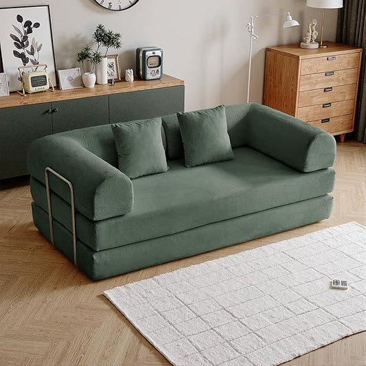 87'' Convertible Compressed Corduroy Folding Cloud Sofa Bed, Modern Modular Boneless Pull Out 3 Seater Sleeper in a Box, 5 in 1 Foldable Floor Mattress Couch, No Assembly Need, Green, 2 Pillows, King