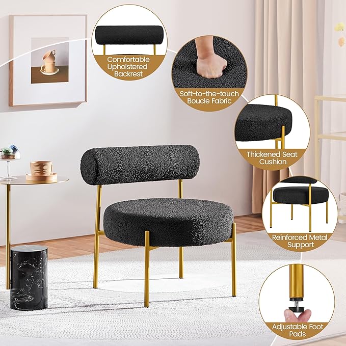 Yaheetech Modern Tufted Vanity Chair with Gold Legs for Bedroom Makeup Room Home Office, Black