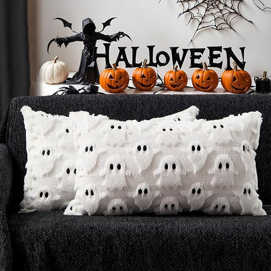 DFXSZ Halloween Pillow Covers 12x20 inch Set of 2 White Ghost Throw Pillow Cases Soft Plush Faux Fur Wool Couch Cushion Case for Chair Sofa Bedroom Living Room Home Decor PTK03A12