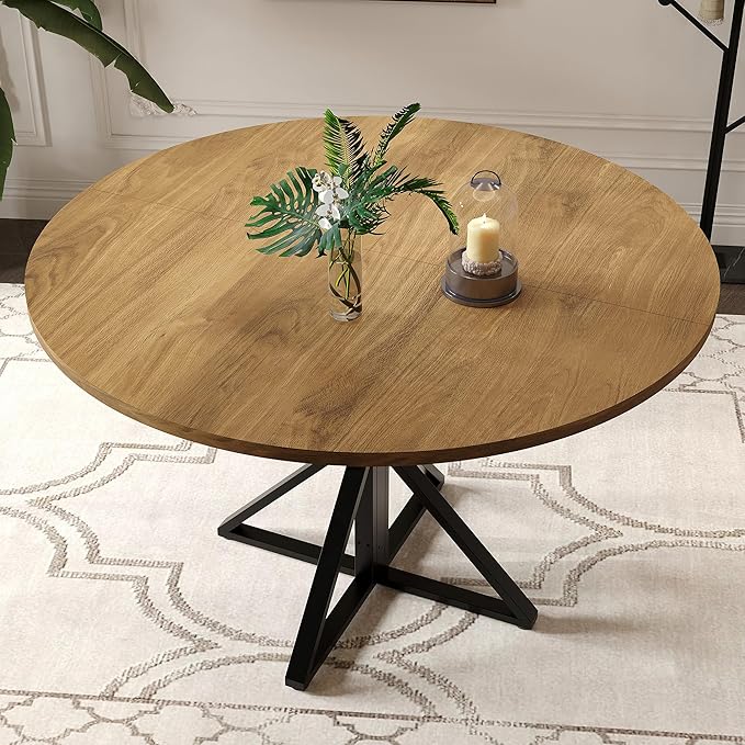 IDEALHOUSE 47 Inch Round Dining Table for 4, Farmhouse Kitchen Table with Metal K-Base, Brown Circle Wood Table for Dining Room, Kitchen, Apartment & Living Room (Table Only)
