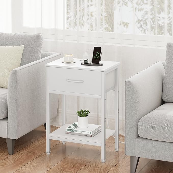 Vagusicc White Nightstand Set of 2 with Charging Station, Bed Side Table with Fabric Drawer, Small End Table with 2-Tier Storage Shelves, 25.4" Tall Bedside Table, Night Stand for Bedroom, Living Room