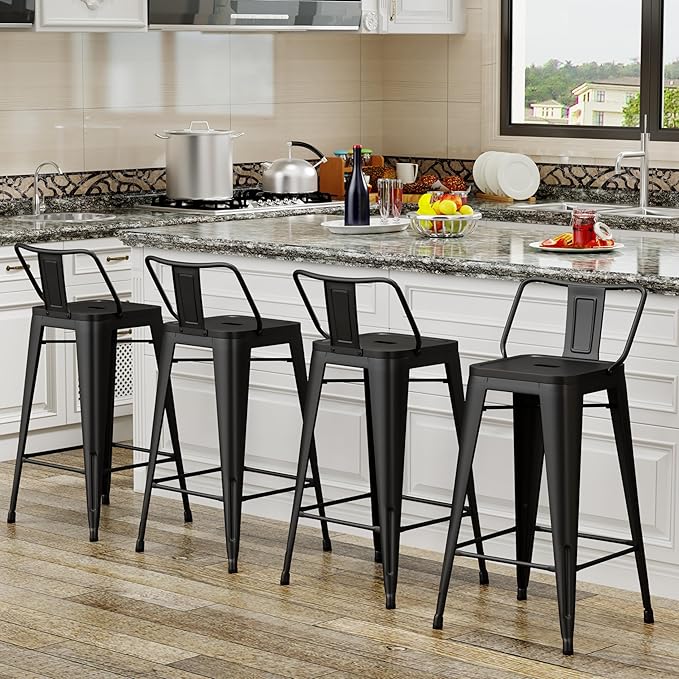 Tongli Metal Bar Stools Set of 4 Barstools Counter Height Bar Stools with Back Industrial Matte Black Bar Stool Indoor Counter Stool Kitchen Island Stools Modern Bar Chair 24 inch