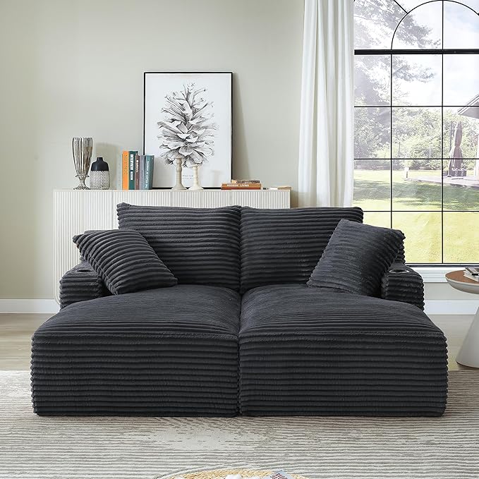 Eafurn Oversized Double Chaise Lounge Indoor with Cup Holders & Side Pocket, 71" Plush Corduroy Boneless Chaise Lounge Sofa with High Density Sponge & Deep High Seat Comfy Sleeper Couch Bed | Breathable material, No Assembly, 52" Deep Seat, 19.7" High ...