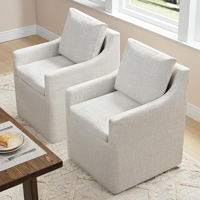 Upholstered Dining Chairs Set of 2, Modern Dining Room Chairs with Casters & Washable Cover, Rolling Accent Chair with Comfy Backrest for Kitchen, Farmhouse, Living Room, Cream Beige, 2 Box
