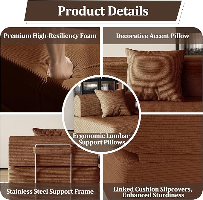 31.5'' Convertible Compressed Corduroy Folding Cloud Sofa Bed Set of 2, 2 Pieces Modern Boneless Pull Out Sleeper Sofa Couch, 3 in 1 Portable Lazy Floor Lounge Chair Set, No Assembly Needed, Caramel