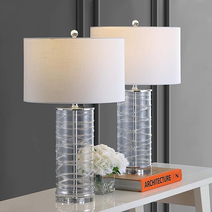 JONATHAN Y 27.5" Clear Modern Fused Glass Table Lamp Set of 2 for Bedroom Living Room, Coastal Nightstand Bedside Lamp with White Linen Shade, LED Bulbs Included (JYL4016B-SET2)