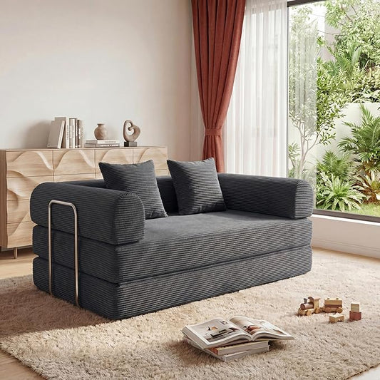 HouseMila 53.15" Boneless Couch,4-in-1 Futon Sofa Bed Modular Loveseat Sleeper Folding Compressed Couch with Pillows,No Assembly Required Convertible Sofa Bed for Living Room Bedroom Guest Room,Grey