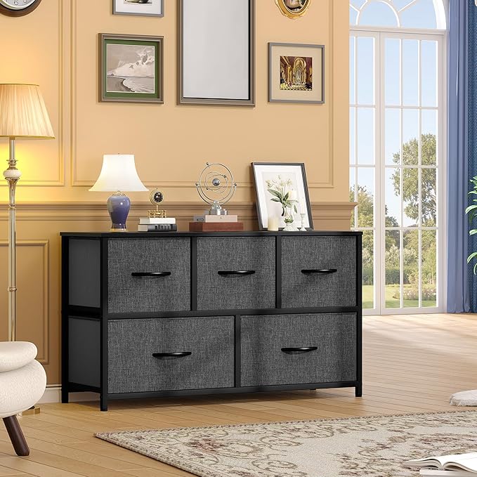 DWVO 5 Dresser for Bedroom, TV Stand, Fabric Tower with 5 Drawers, Black Dresser & Chest of Drawers