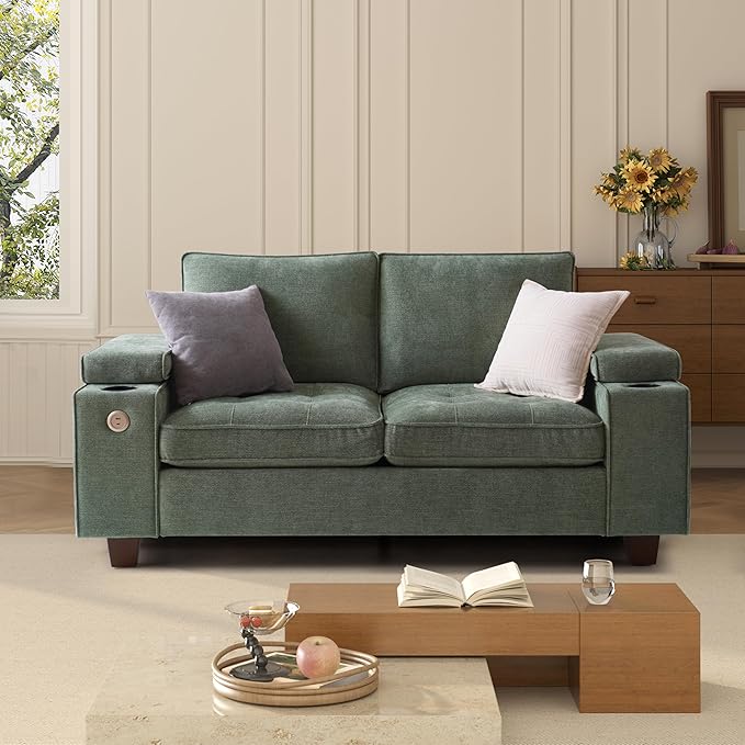74" Loveseat Couch for Living Room, Modern Chenille Upholstered Sofa with Adjustable Armrest,Storage,Cup Holders,USB & Type-C Ports,Solid Wood 2-Seater Loveseat Sofa for Apartment(Green)
