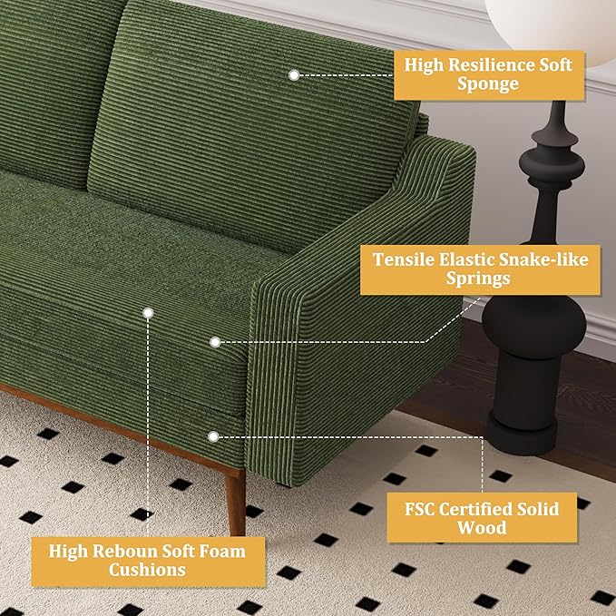 Vipbear 65.4" Loveseat Sofa Green Corduroy Couch, Mid-Century Modern Small Couches for Living Room, Bedroom, Office, Comfy Sofa with Spring Cushion, Solid Wood Frame, Tool-Free Assembly