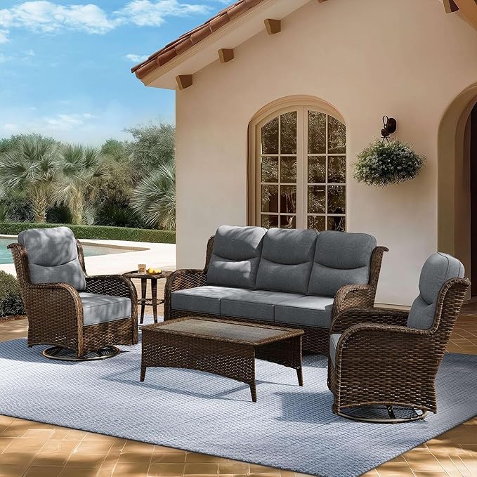 High Back Outdoor Furniture with Extra Thick Cushion Patio Swivel Rocking Chairs, Comfort 3-Seat Sofa, 5PCS Oversized Wicker Conversation Set for Porch, Deck, Yard in Dark Gray