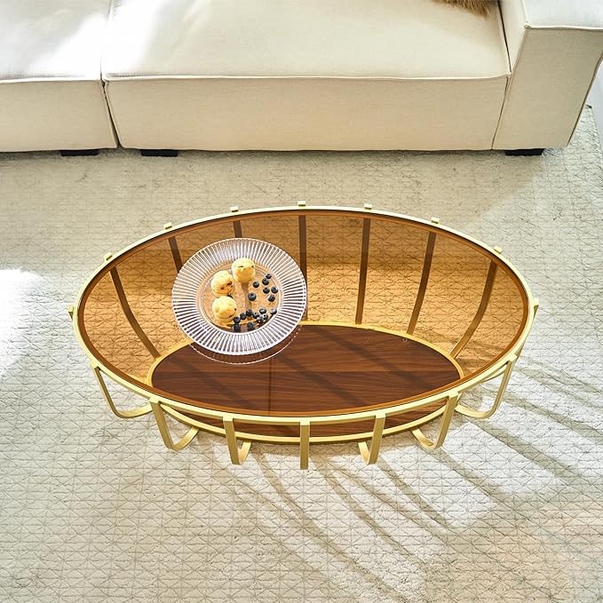 Saint Mossi Glass Oavl Coffee Table for Living Room, Modern 2-Tier Gold Center Table, Brown Glass Top and Walnut Shelf with Gold Finish Legs & Frame