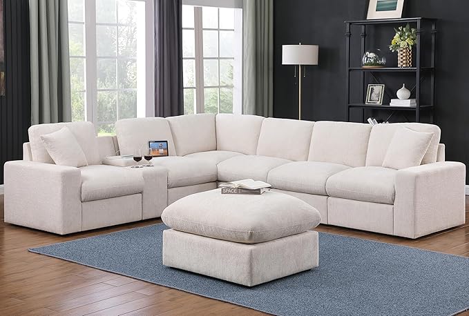 Ball & Cast 127" Modular Sectional Sofa,Modern Oversized Cloud Couch with Cup Holder&USB Port,7 Seat Convertible L-Shaped Chenille Sofas W/Ottoman,Pillows&Storage Box,Comfy Couch for Living Room,Beige