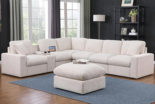 YOPTO 127" Modular Sectional Sofa,Modern Oversized Cloud Couch with Cup Holder&USB Port,7 Seater Convertible L-Shaped Chenille Sofas W/Ottoman,2 Pillows&Storage Box,Comfy Couches for Living Room,Beige