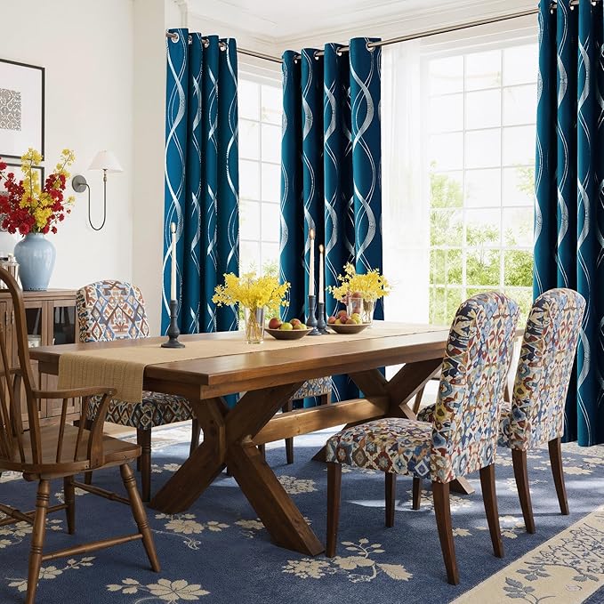 NICETOWN Moroccan Blue Blackout Curtains 84 inch Long for Living Room, Art Decor Scandinavian Style for Festival Wave Line Foil Print Design Drapes for Wall Cover, W52 x L84, 2 Panels