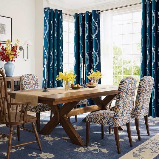 NICETOWN Moroccan Blue Blackout Curtains 84 inch Long for Living Room, Art Decor Scandinavian Style for Festival Wave Line Foil Print Design Drapes for Wall Cover, W52 x L84, 2 Panels