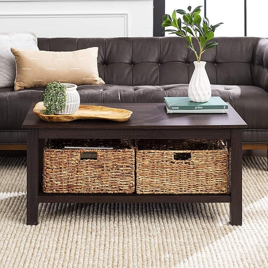 Walker Edison Alayna Mission Style Two Tier Coffee Table with Rattan Storage Baskets, 40 Inch, Espresso