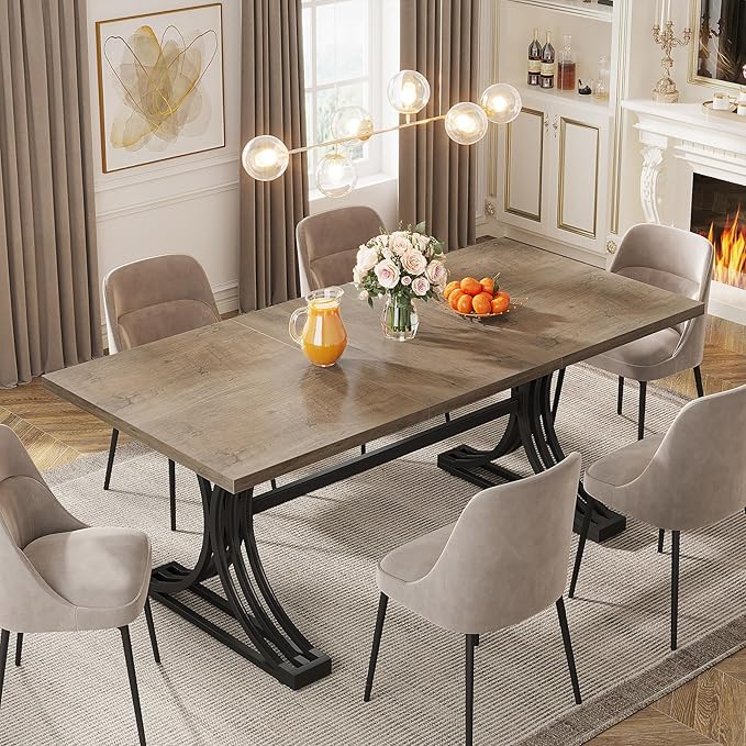 Tribesigns 63-Inch Rectangular Dining Table for 4 to 6, Modern Kitchen Tables with Stylish Metal Trestle Legs, Large Dinner Table for Dining Room, Only Table (Grey+Black)
