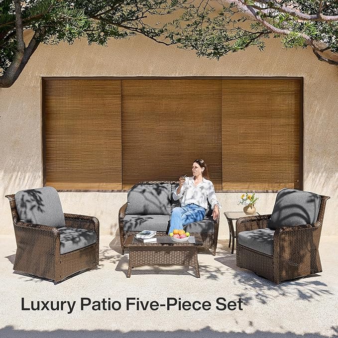 Tribesigns 5-Piece Outdoor Wicker Patio Furniture Set with 2 Swivel Chairs, 1 Loveseat & 2 Tables, All-Weather PE Rattan Conversation Set with Thick Gray Cushions, Brown Wicker Patio Set for Backyard