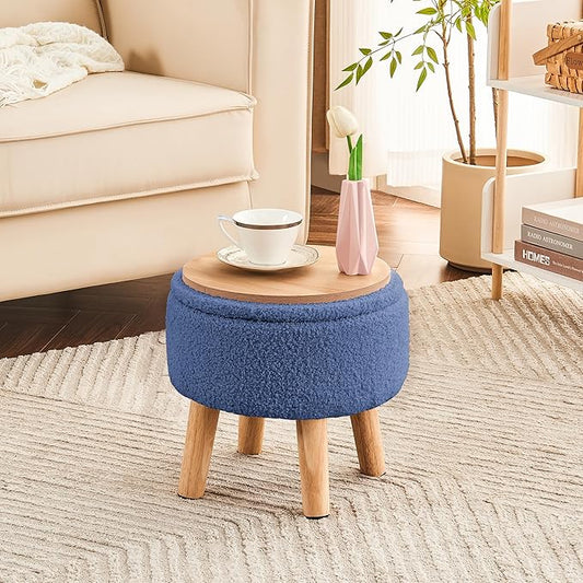 Poofzy Small Ottoman with Storage, Small Foot Stool Ottoman with Wood Legs, Sherpa Foot Rest for Couch, Living Room and Bedroom - Navy Blue